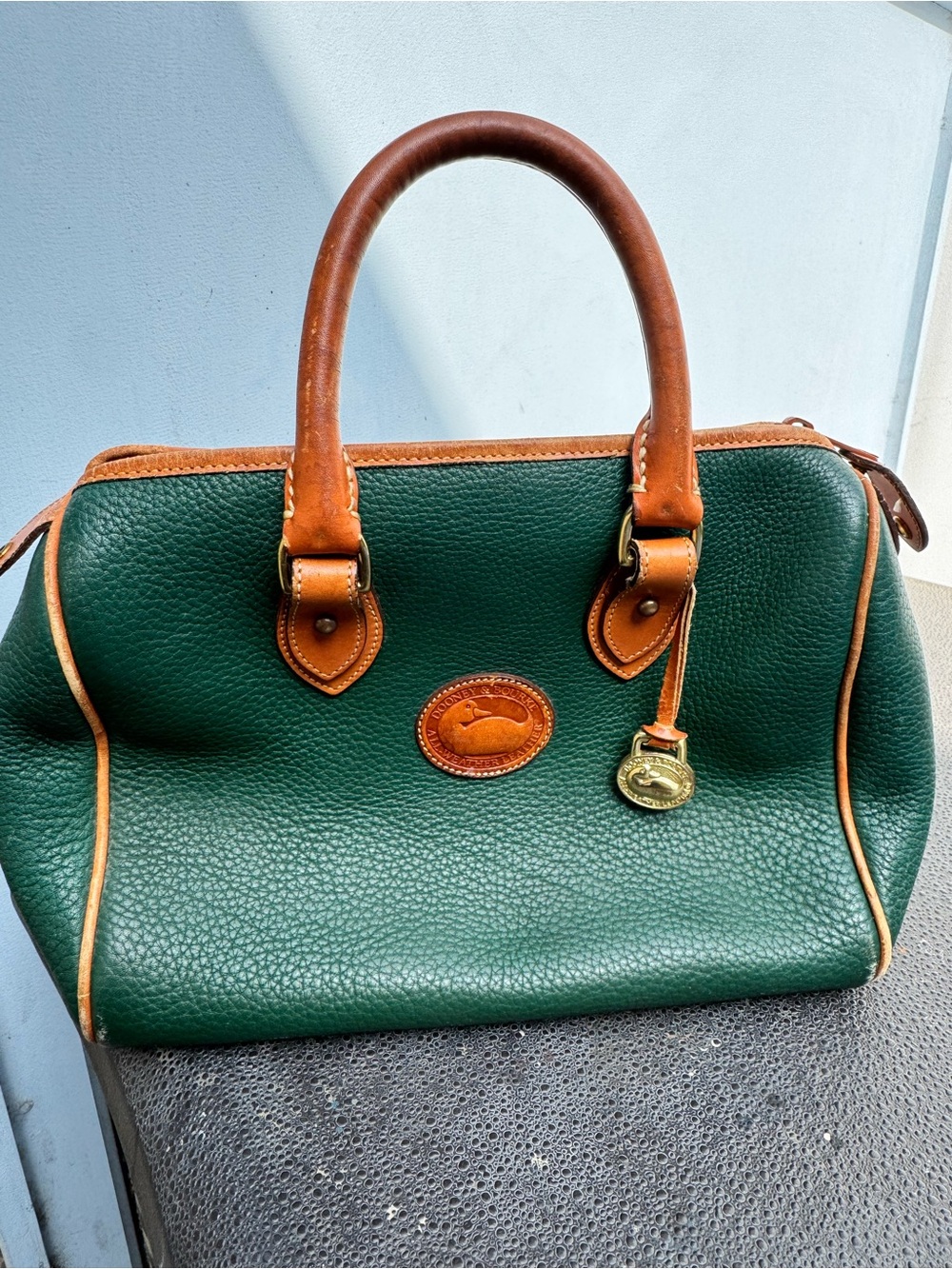 Dooney & Bourke Forest Green Pebbled Leather Satchel with Tan Trim